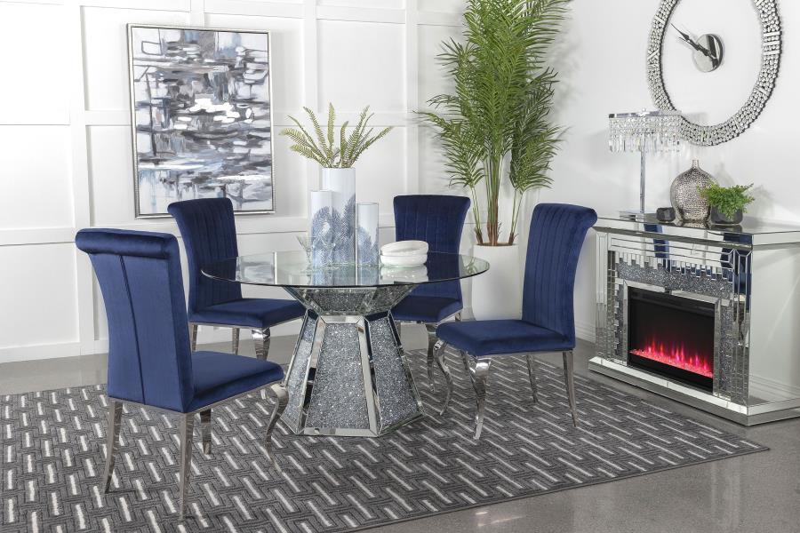 (image for) Quinn 5-piece Round Glass Top Mirrored Dining Set Ink Blue