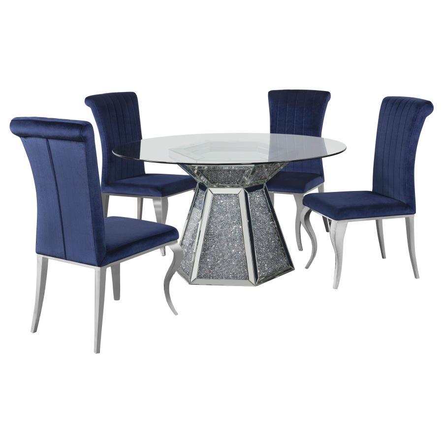 (image for) Quinn 5-piece Round Glass Top Mirrored Dining Set Ink Blue