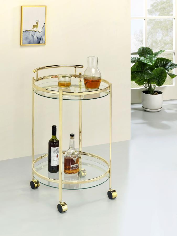 (image for) Chrissy 2-tier Round Glass Shelf Metal Bar Cart Brass