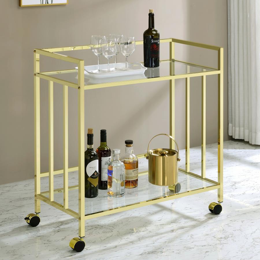 (image for) Cara 2-tier Rectangular Glass Shelf Metal Bar Cart Brass