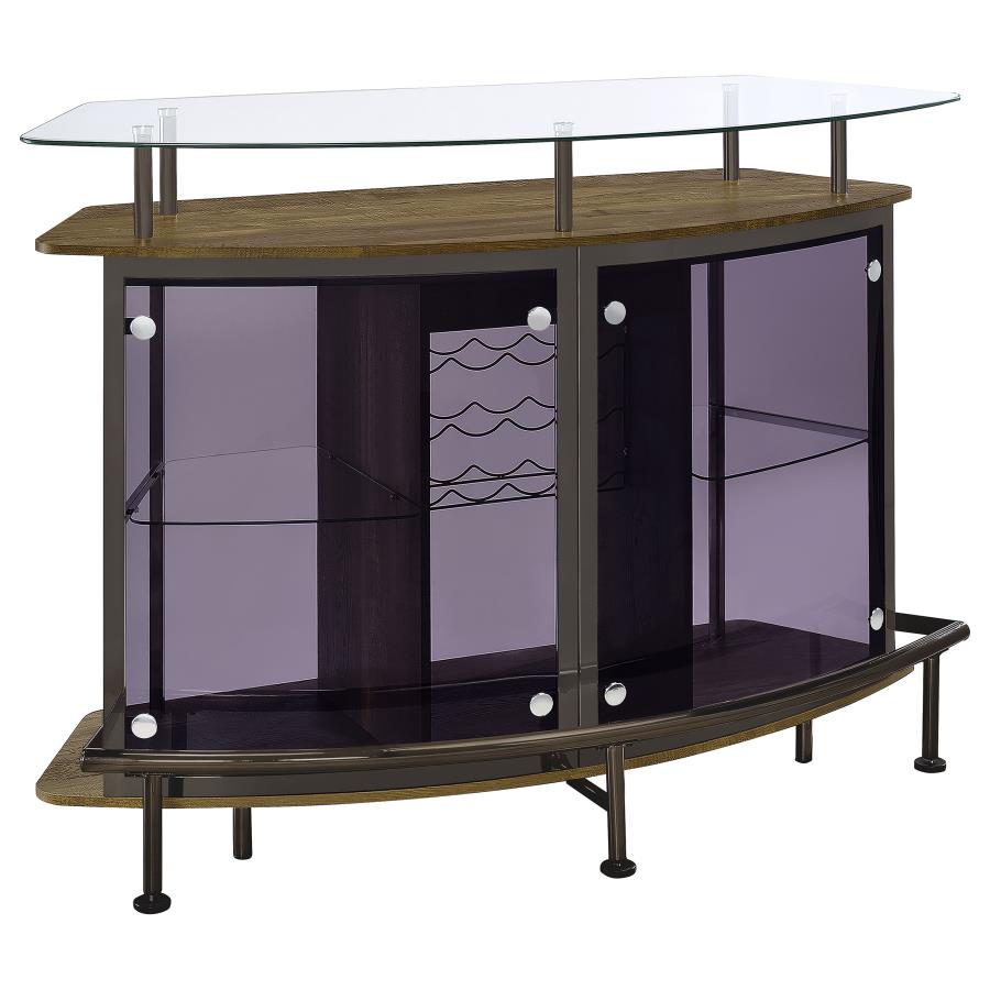 (image for) Gideon Curved Glass Top Home Bar Wine Cabinet Brown Oak - Click Image to Close