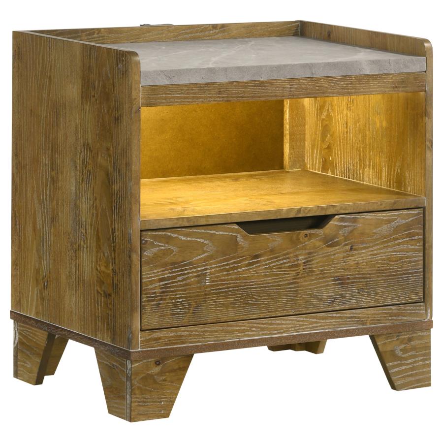 (image for) Henderson 1-drawer LED Nightstand Bedside Table Medium Oak