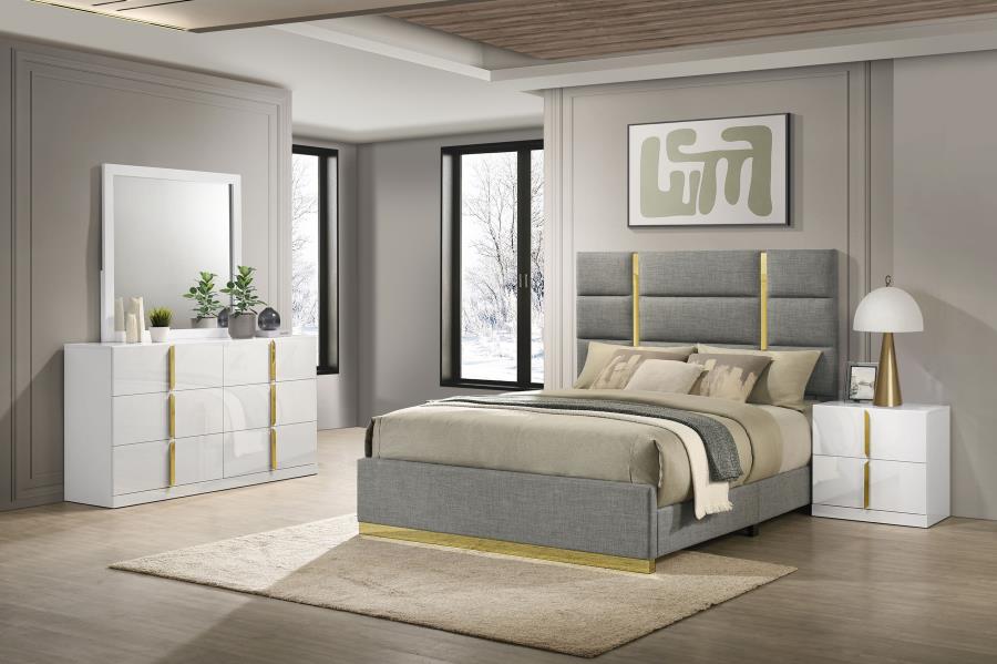 (image for) Ines 4-piece Eastern King Bedroom Set Grey and White High Gloss
