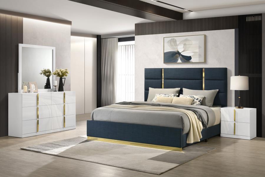 (image for) Ines 4-piece Eastern King Bedroom Set Navy and White High Gloss