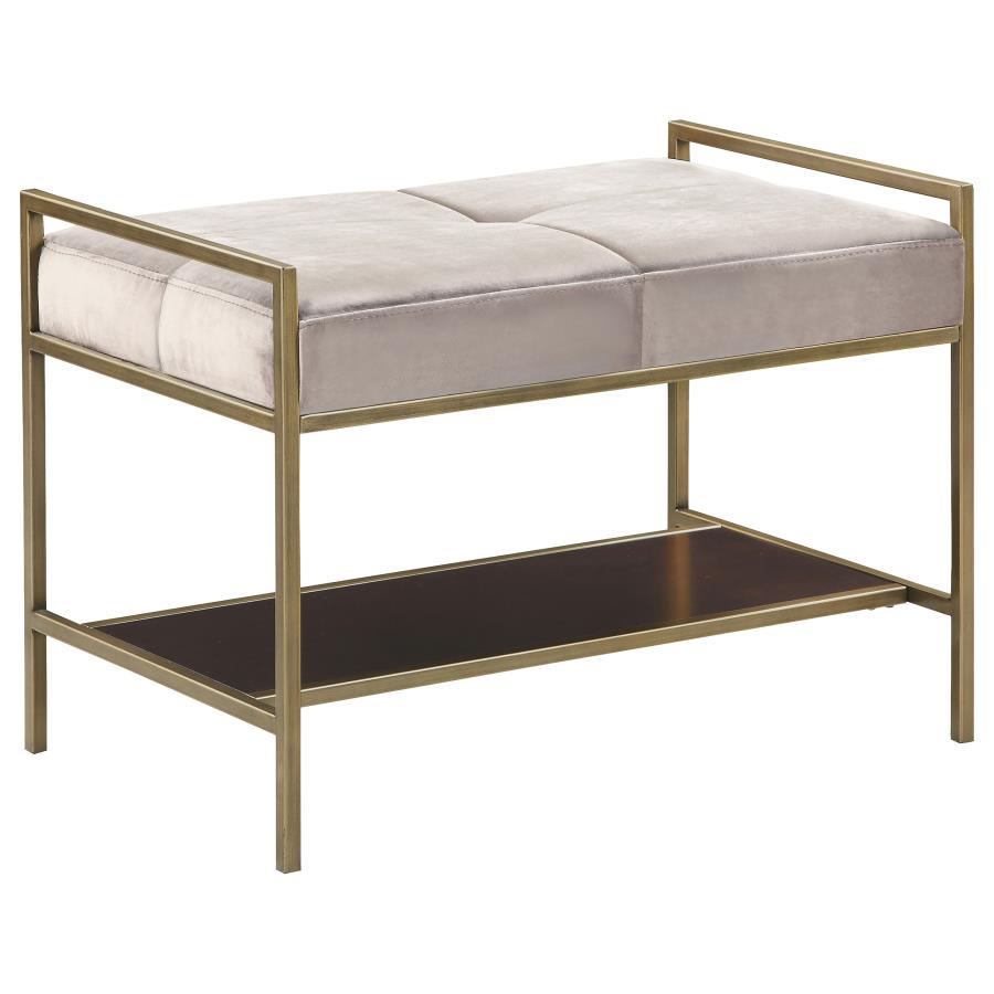 (image for) Maria Velvet Upholstered Bench with Shelf Grey and Gold