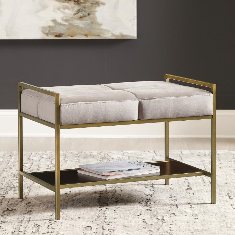 (image for) Maria Velvet Upholstered Bench with Shelf Grey and Gold