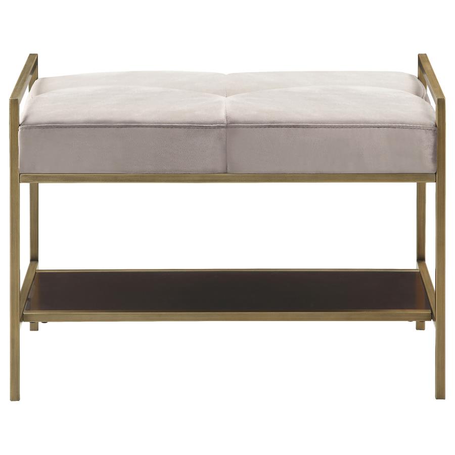 (image for) Maria Velvet Upholstered Bench with Shelf Grey and Gold