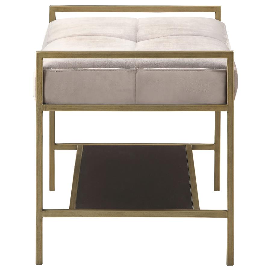 (image for) Maria Velvet Upholstered Bench with Shelf Grey and Gold