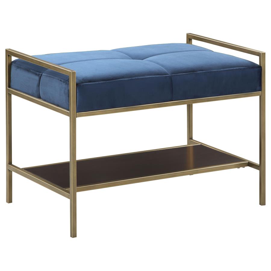 (image for) Maria Velvet Upholstered Bench with Shelf Navy Blue and Gold