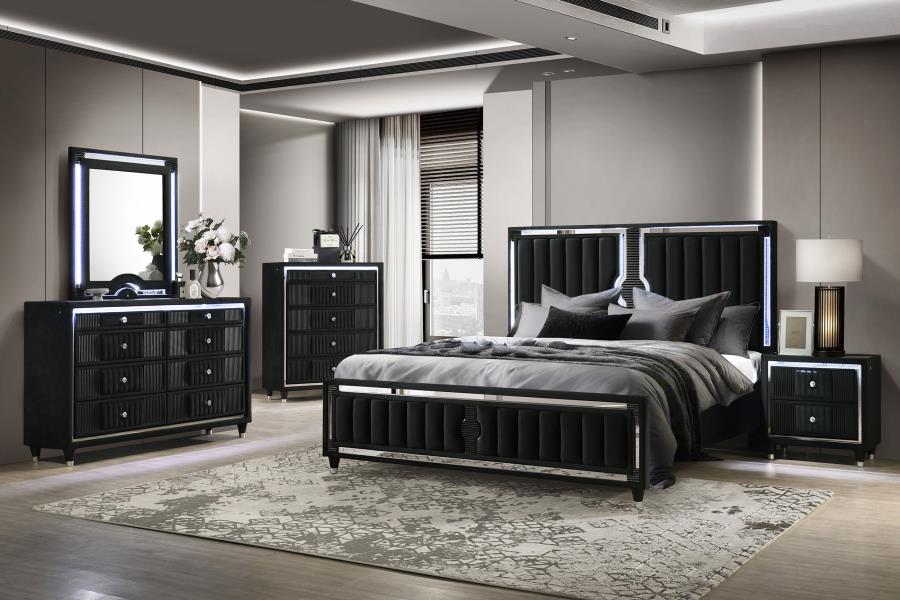 (image for) Ravenne 5-piece Velvet Upholstered Eastern King LED Bedroom Set Black