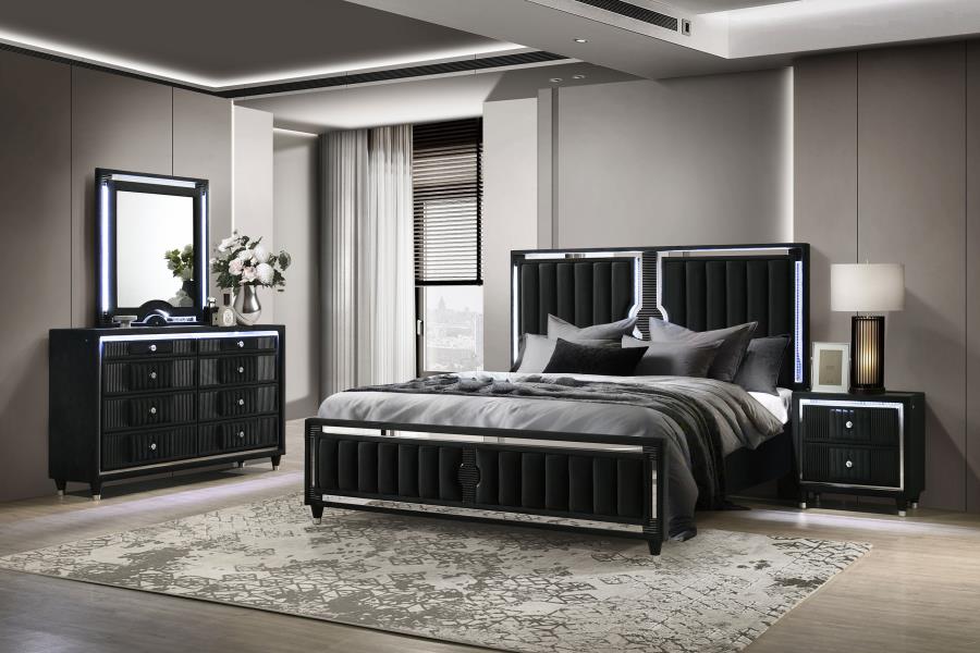 (image for) Ravenne 4-piece Velvet Upholstered Queen LED Bedroom Set Black