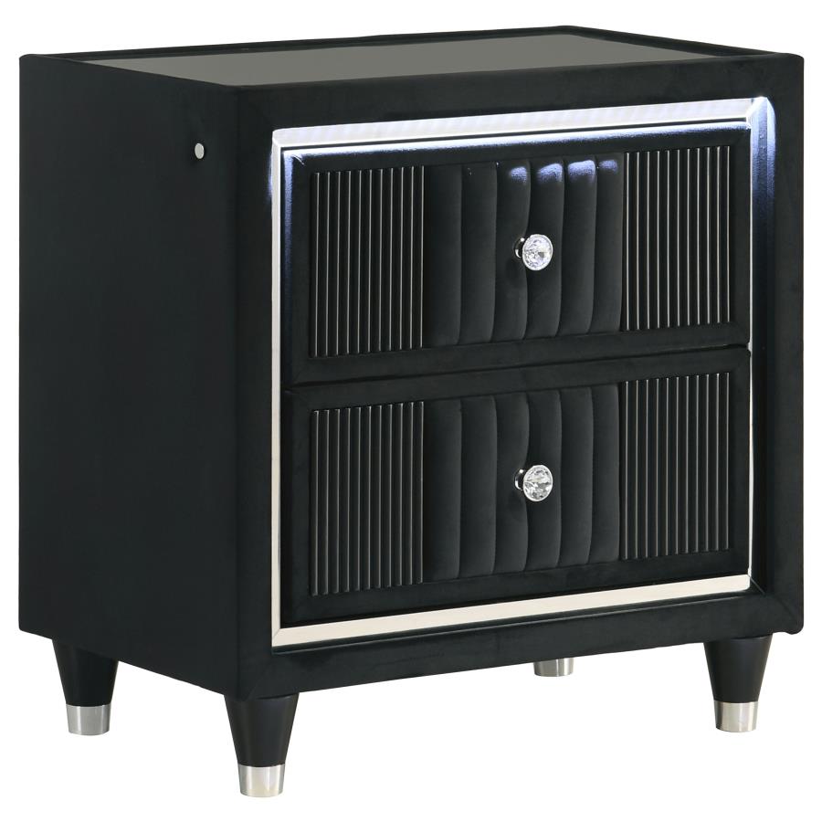 (image for) Ravenne 2-drawer Velvet Upholstered LED Nightstand with USB Black