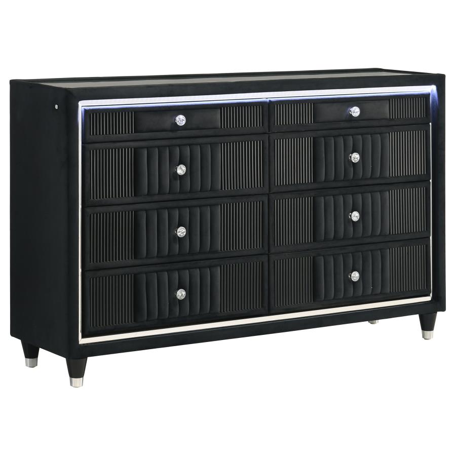 (image for) Ravenne 8-drawer Velvet Upholstered LED Dresser Cabinet Black