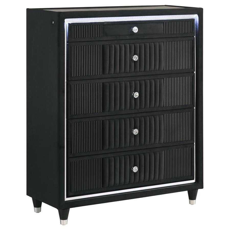 (image for) Ravenne 5-drawer Velvet Upholstered LED Chest of Drawers Black