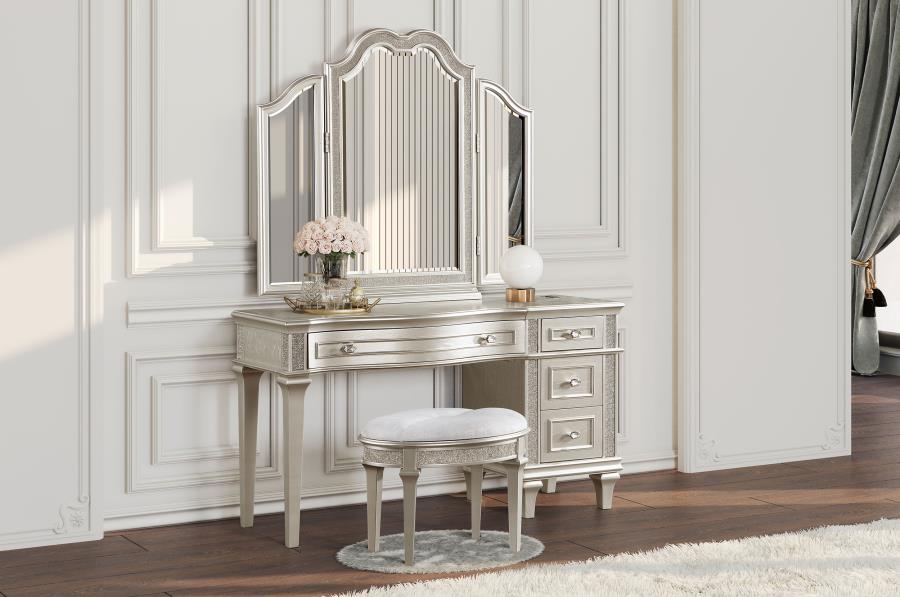 (image for) Evangeline 4-drawer Vanity Set with Stool Silver Oak