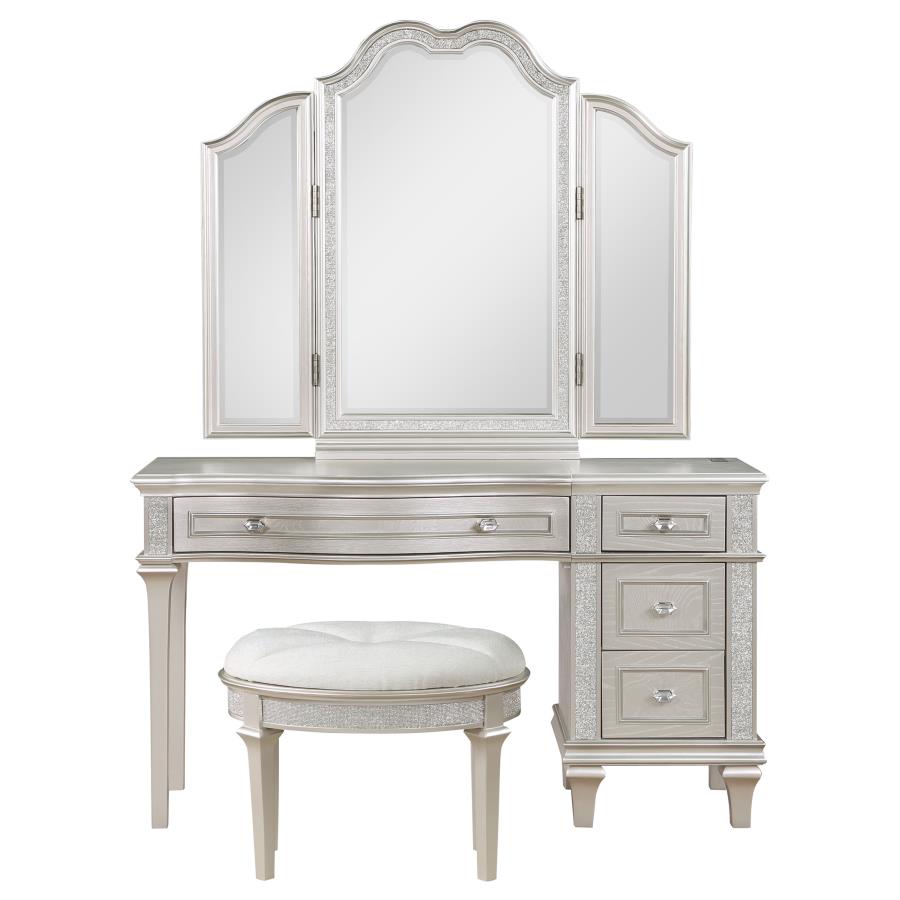 (image for) Evangeline 4-drawer Vanity Set with Stool Silver Oak