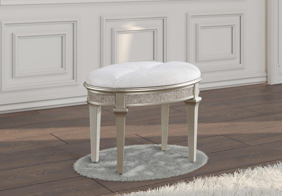 (image for) Evangeline Upholstered Oval Vanity Stool Silver and Ivory