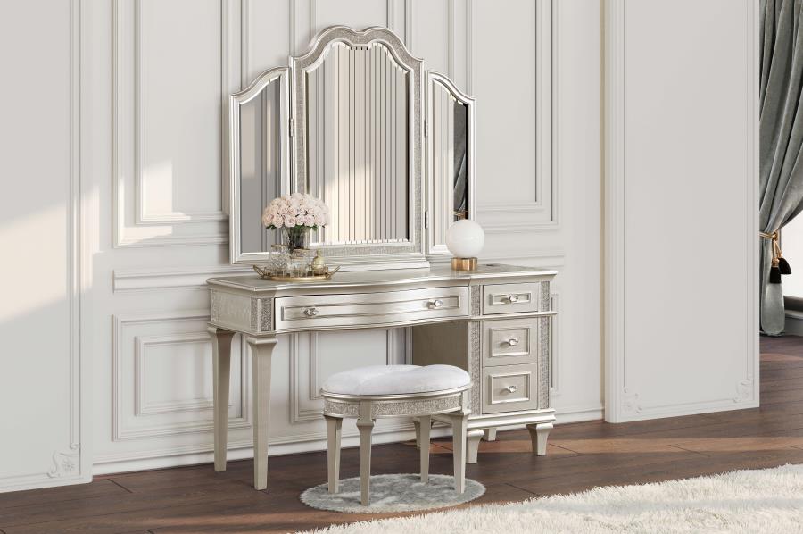 (image for) Evangeline Upholstered Oval Vanity Stool Silver and Ivory