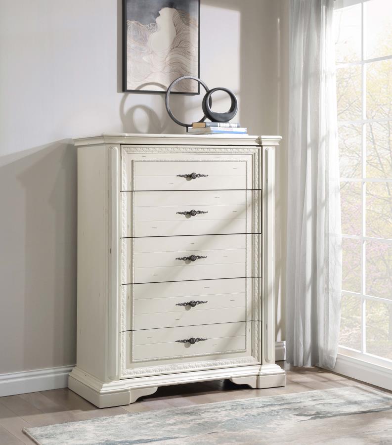 (image for) Evelyn 5-drawer Bedroom Chest Distressed White