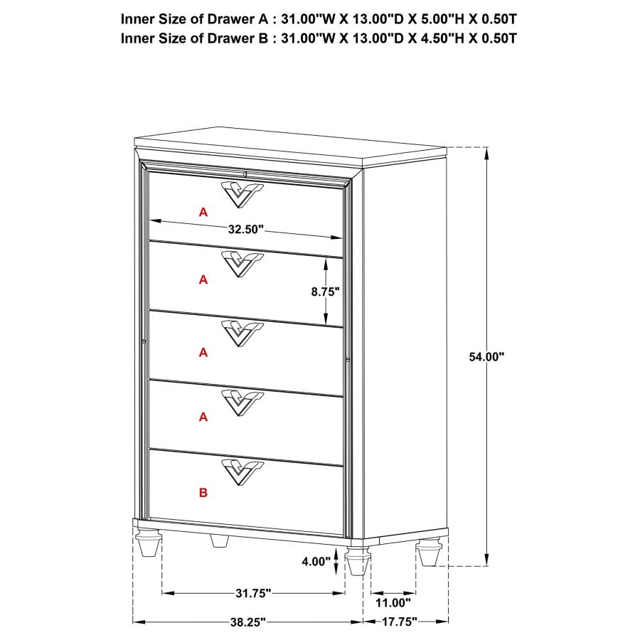 (image for) Veronica 5-drawer Bedroom Chest Light Silver