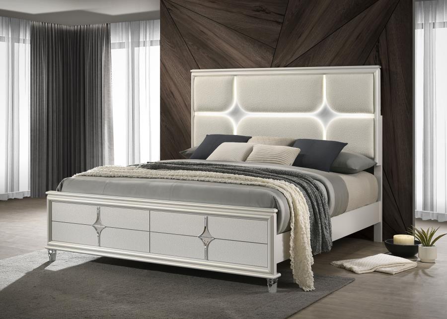 (image for) Olivia Eastern King Panel Bed LED Headboard Pearl White