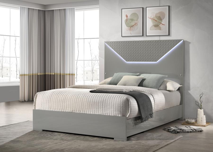 (image for) Ives Queen Panel Bed LED Headboard Grey High Gloss