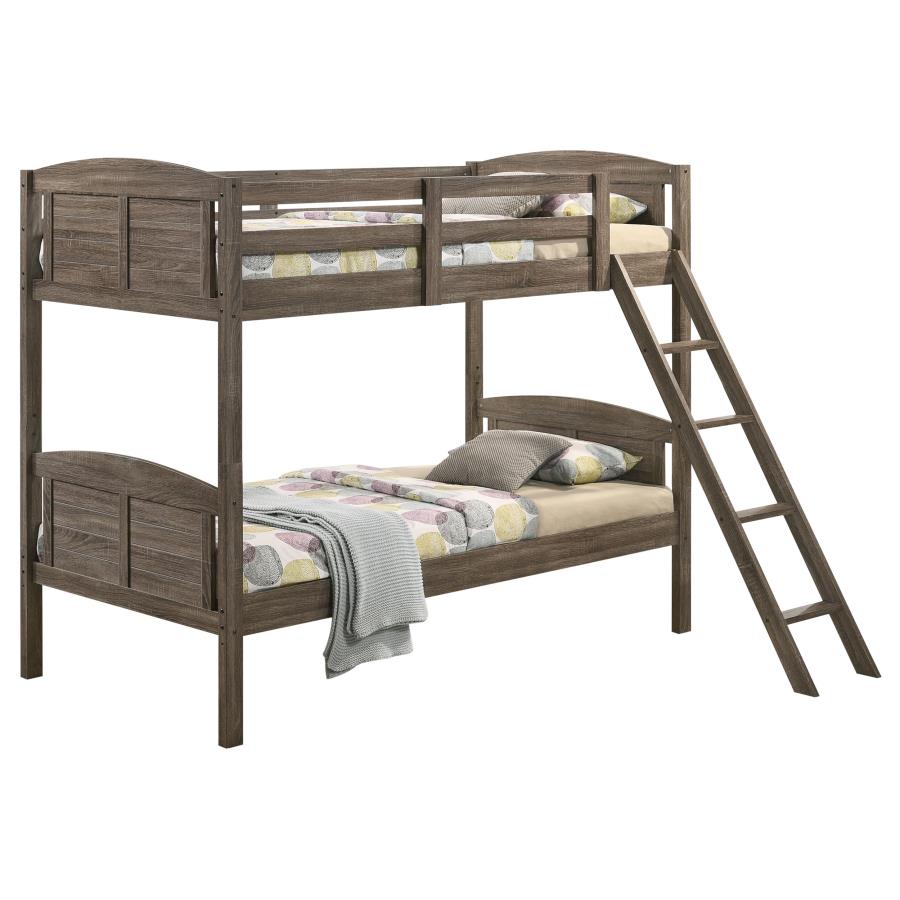 (image for) Flynn Wood Twin Over Twin Bunk Bed with Mattress Weathered Brown