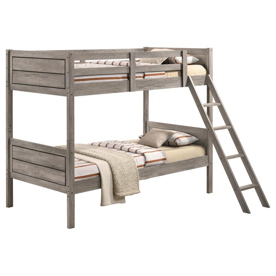 (image for) Ryder Wood Twin Over Twin Bunk Bed with Mattress Weathered Taupe