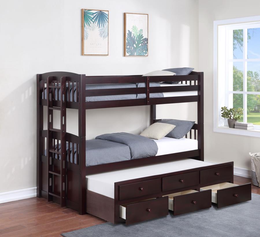 (image for) Kensington Twin Over Twin Bunk Bed with Trundle Cappuccino