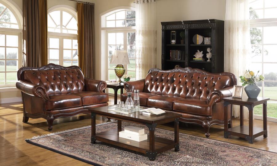 (image for) Victoria 2-piece Full Leather Upholstered Sofa Set Brown - Click Image to Close