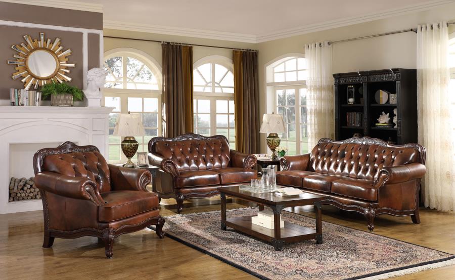 (image for) Victoria 3-piece Full Leather Upholstered Sofa Set Brown