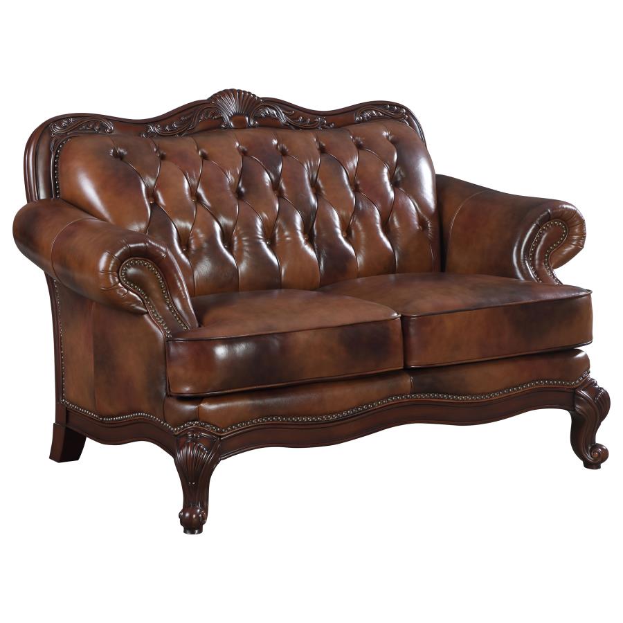 (image for) Victoria Full Leather Upholstered Rolled Arm Loveseat Brown - Click Image to Close