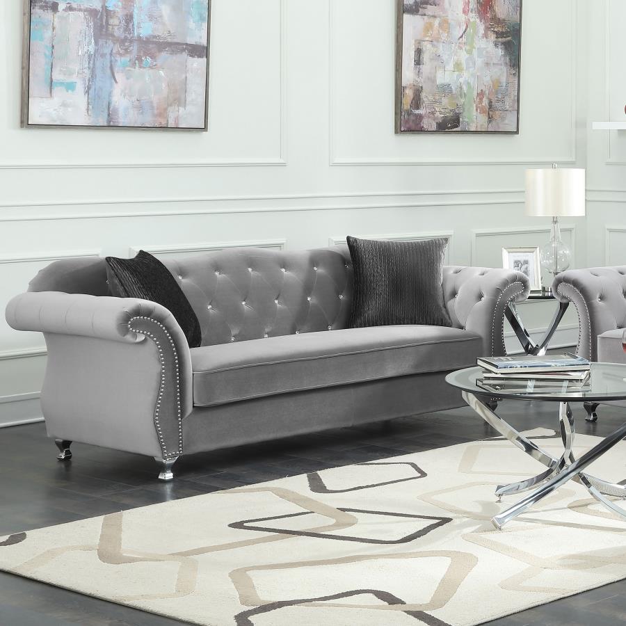 (image for) Frostine Upholstered Rolled Arm Tufted Sofa Silver