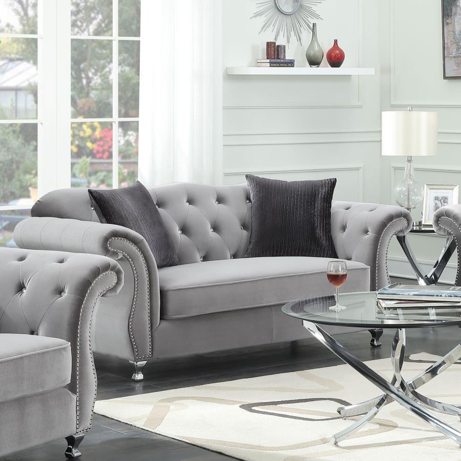 (image for) Frostine Upholstered Rolled Arm Tufted Loveseat Silver