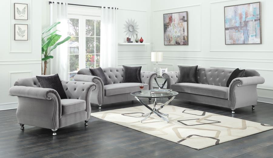 (image for) Frostine Upholstered Rolled Arm Tufted Loveseat Silver