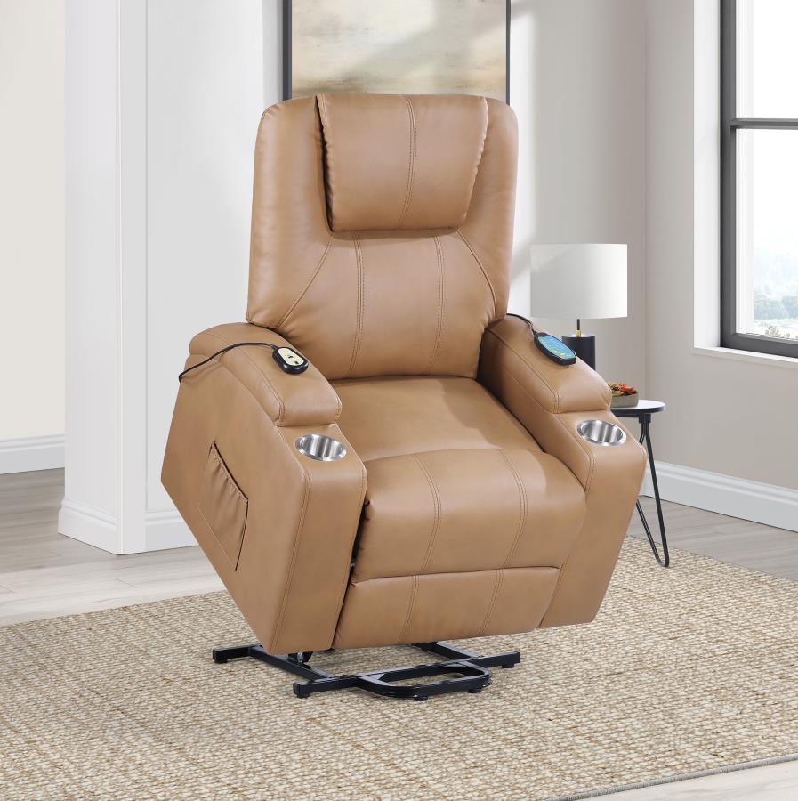 (image for) Armstrong Upholstered Power Lift Massage Recliner Camel