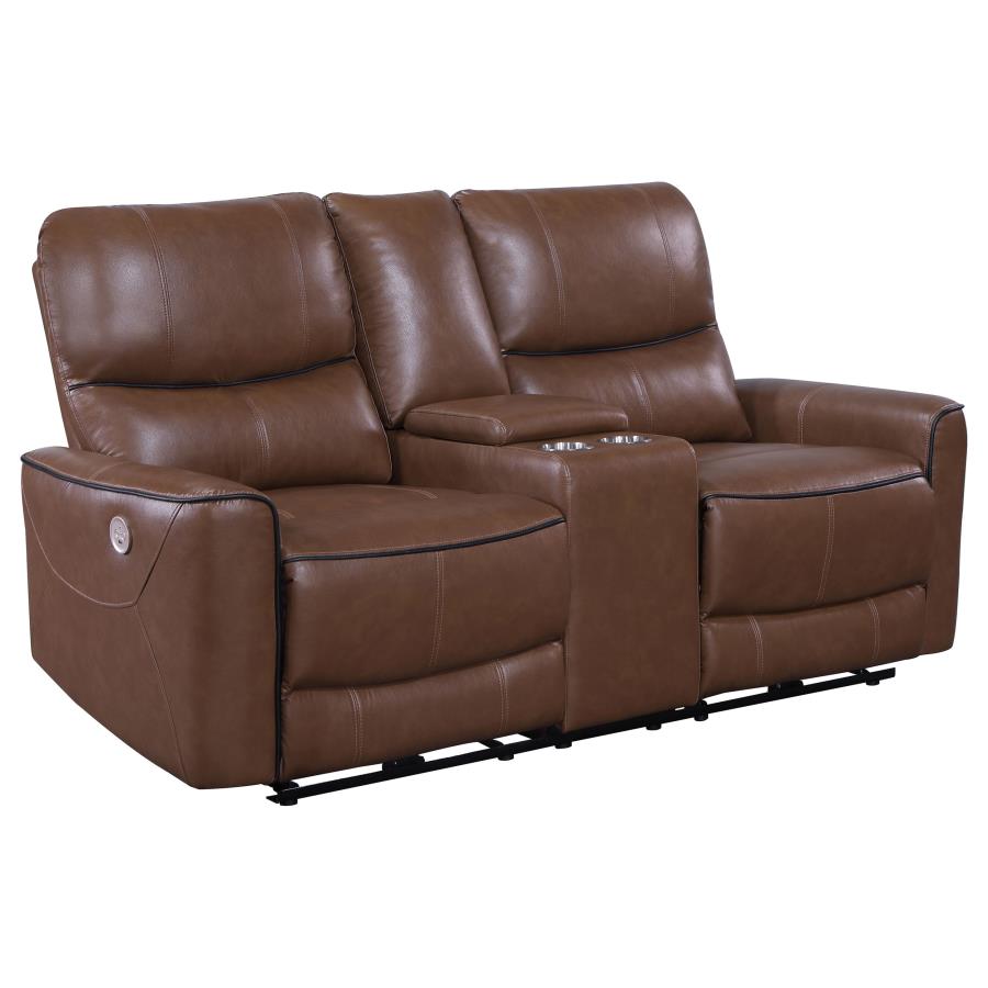 (image for) Greenfield Upholstered Power Reclining Loveseat Saddle Brown - Click Image to Close