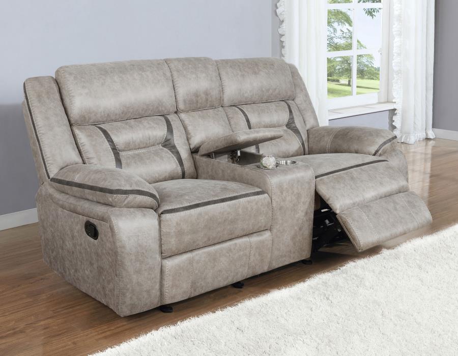 (image for) Greer Upholstered Motion Reclining Loveseat Taupe - Click Image to Close