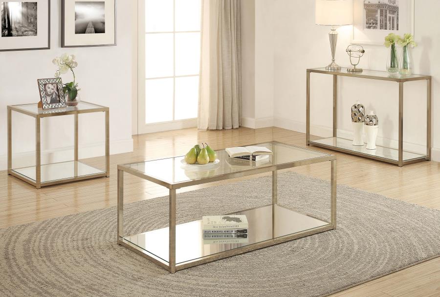 (image for) Cora Glass Top End Table Mirrored Shelf Chocolate Chrome