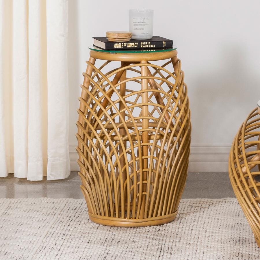 (image for) Dahlia Round Glass Top Woven Rattan End Table Natural