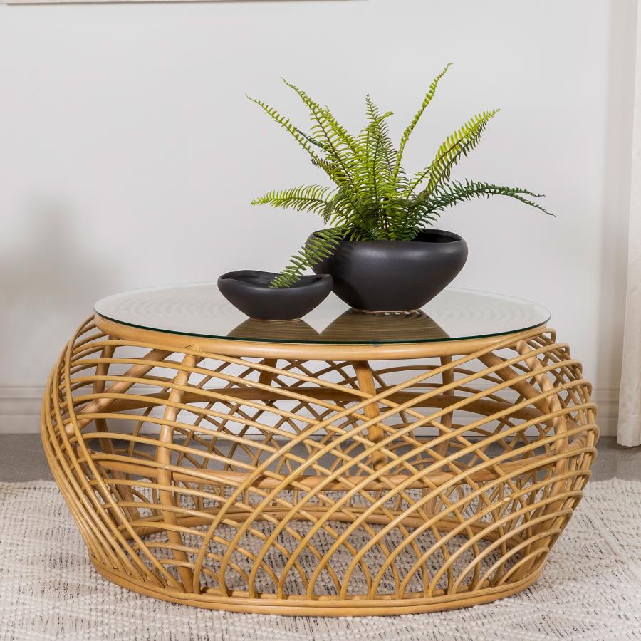 (image for) Dahlia Round Glass Top Woven Rattan Coffee Table Natural