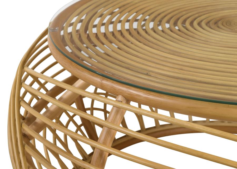 (image for) Dahlia Round Glass Top Woven Rattan Coffee Table Natural