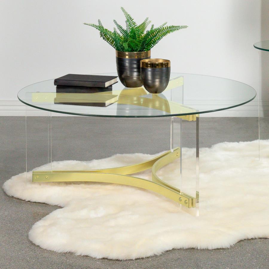 (image for) Janessa Round Glass Top Acrylic Leg Coffee Table Matte Brass