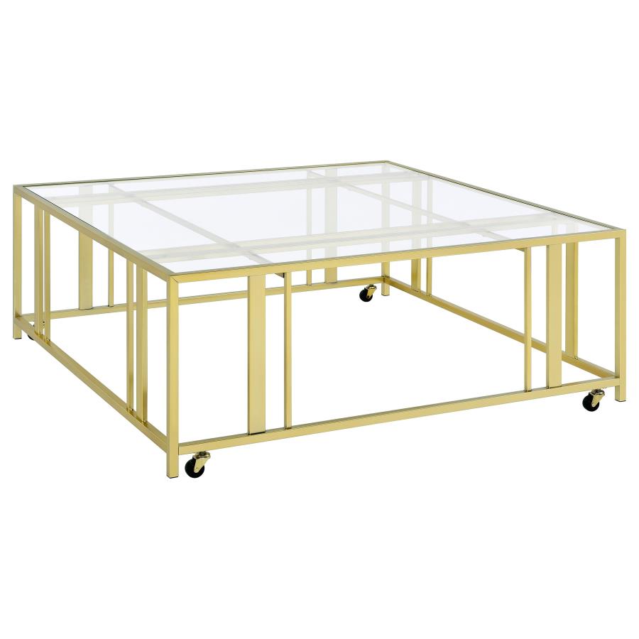 (image for) Adri Square Glass Top Coffee Table with Casters Matte Brass