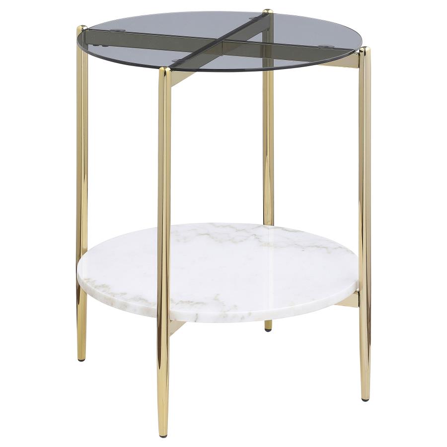 (image for) Jonelle Round Glass Top End Table White Marble Shelf Gold - Click Image to Close