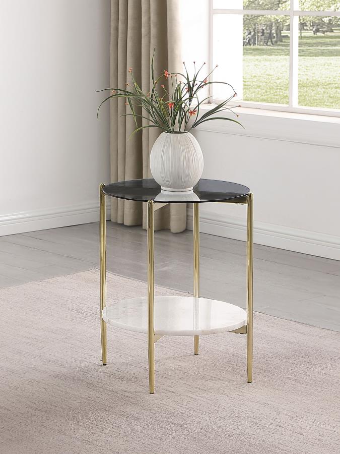 (image for) Jonelle Round Glass Top End Table White Marble Shelf Gold