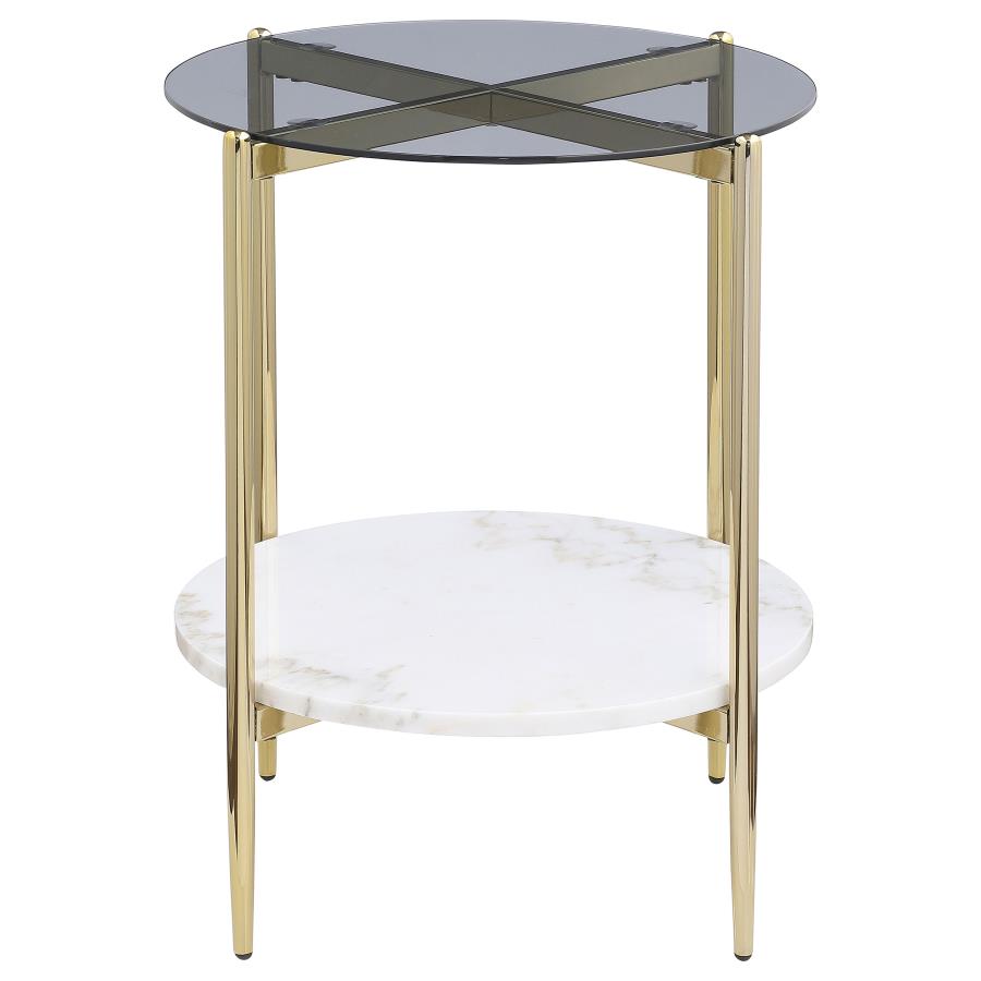 (image for) Jonelle Round Glass Top End Table White Marble Shelf Gold