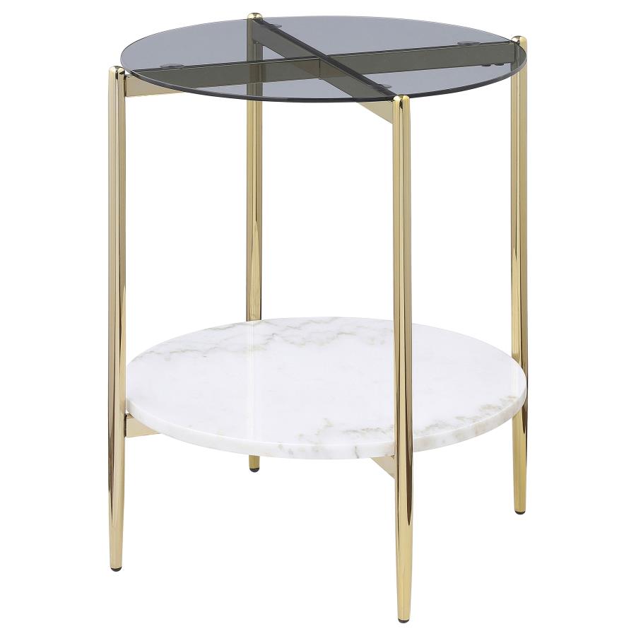 (image for) Jonelle Round Glass Top End Table White Marble Shelf Gold