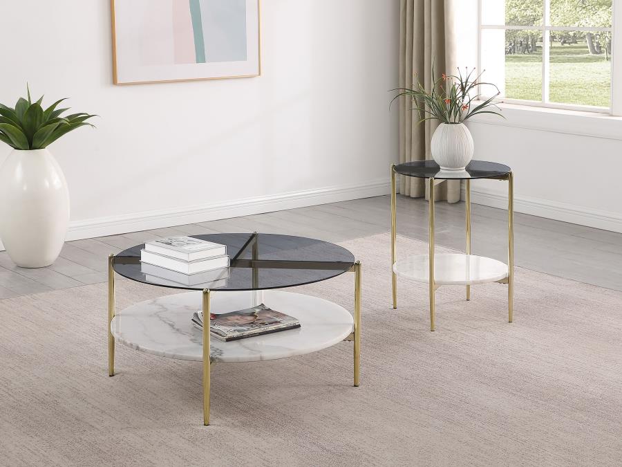 (image for) Jonelle Round Glass Top End Table White Marble Shelf Gold