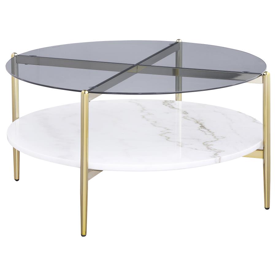 (image for) Jonelle Round Glass Top Coffee Table White Marble Shelf Gold - Click Image to Close